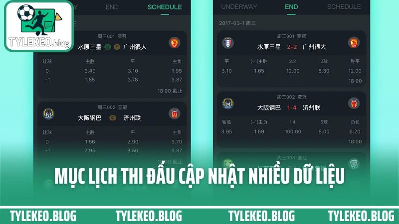 Mục lịch thi đấu cập nhật nhiều dữ liệu
